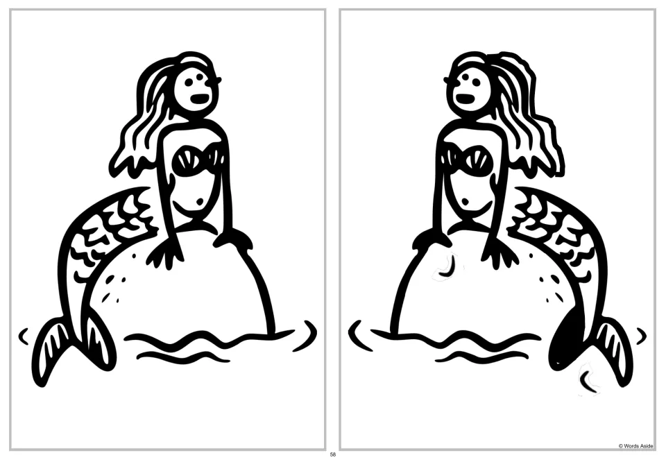 Mermaid spot-four-differences puzzle pairing the original rock scene with a horizontally flipped comparison