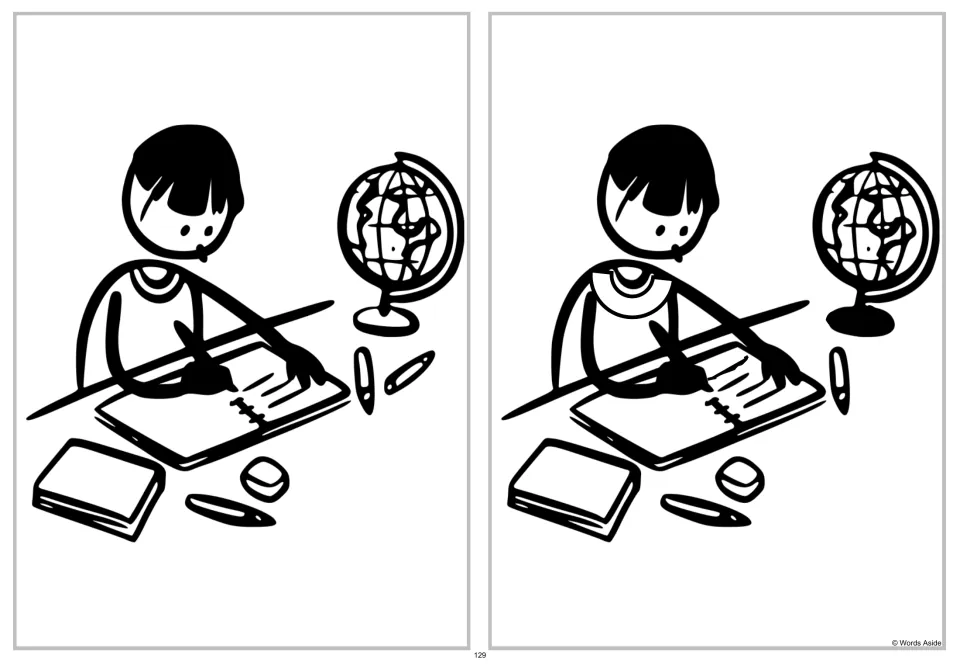 Spot-four-differences comparison: a child writing in a notebook beside a globe, books, and writing tools