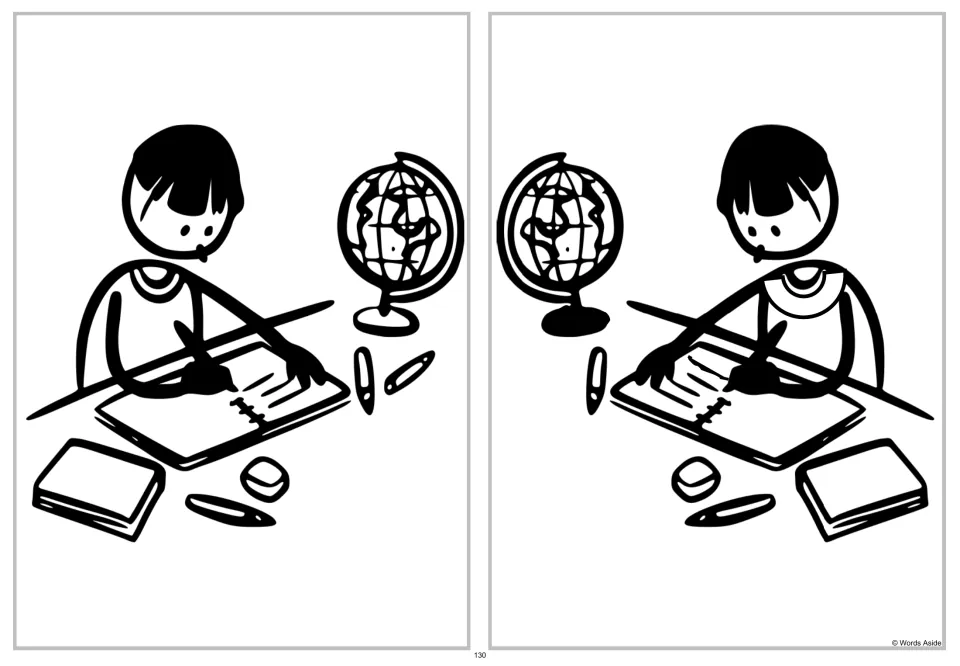 Spot-four-differences writing scene: the altered child, notebook, and globe scene is shown as a mirror image