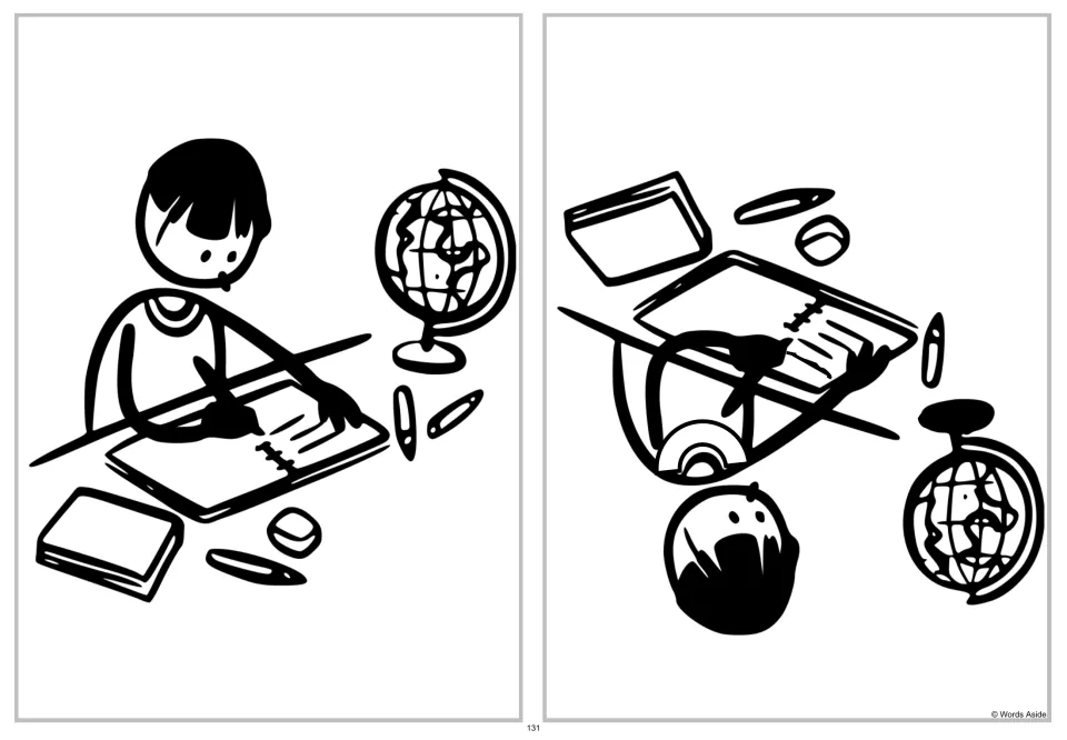 Spot-four-differences writing scene: an upright child at a notebook is paired with an upside-down version