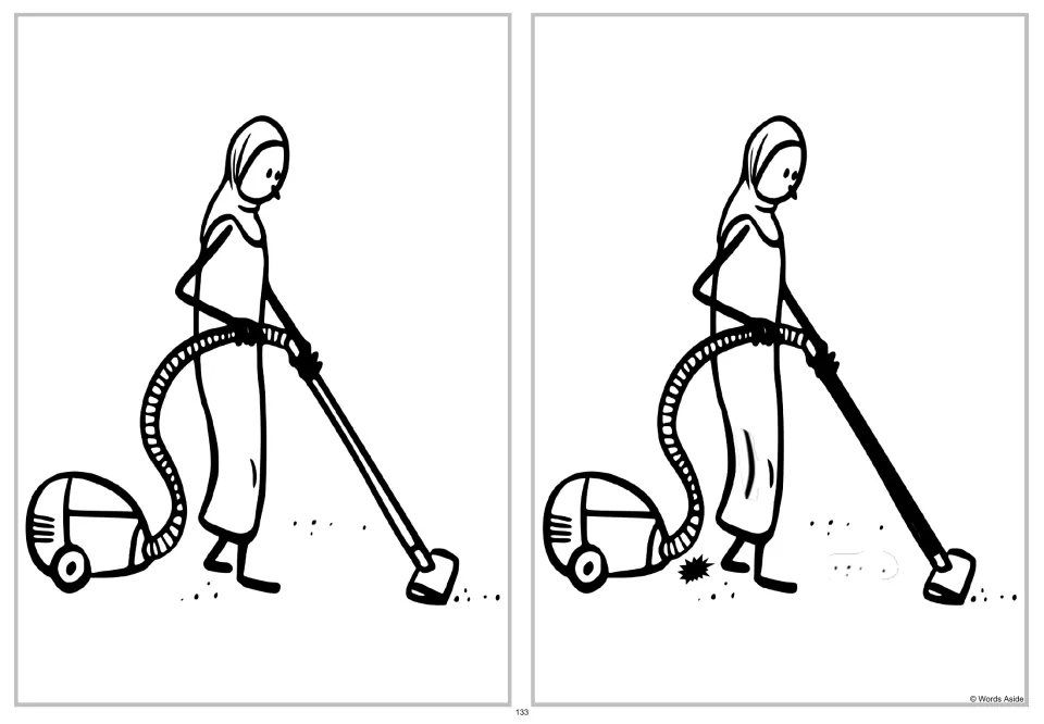 Spot-four-differences comparison: a person vacuuming, with changes to clothing, the vacuum wand, and floor