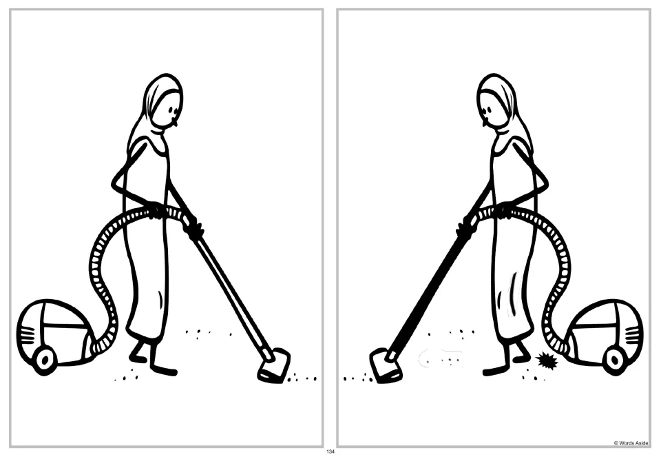 Spot-four-differences vacuuming scene: a person using a canister vacuum is paired with a mirrored version