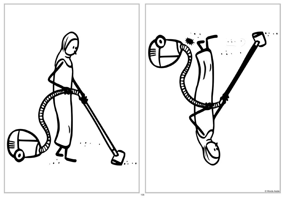 Spot-four-differences vacuuming scene: an upright person and vacuum are paired with an upside-down version