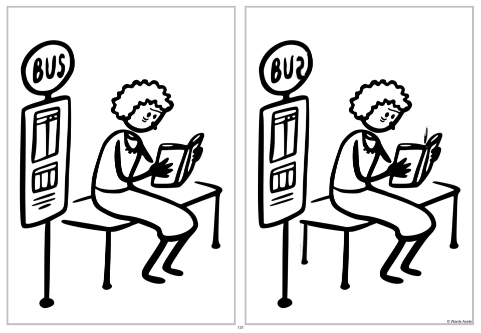 Spot-four-differences comparison: a person reading on a bench beside a bus stop sign labeled BUS