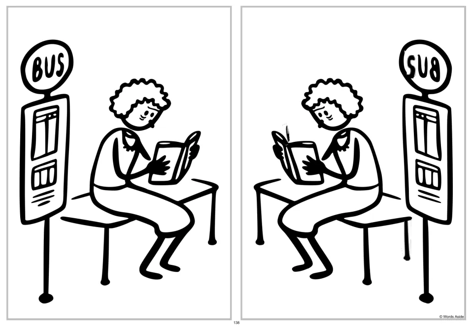 Spot-four-differences bus stop scene: a reader on a bench beside a bus sign is paired with a mirrored version