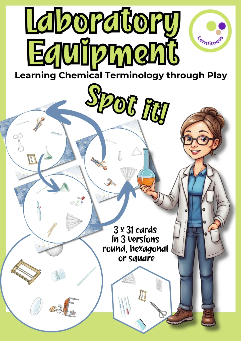 Laboratory Equipment Spot it! cover: learning chemical terminology through play, 3 x 31 cards in round, hexagonal or square