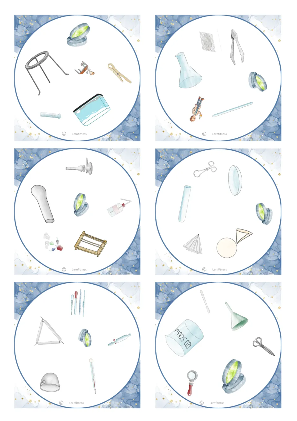 First sheet of square lab equipment cards, each sharing a green dish, plus tripod, flask, pipettes, beaker and tongs