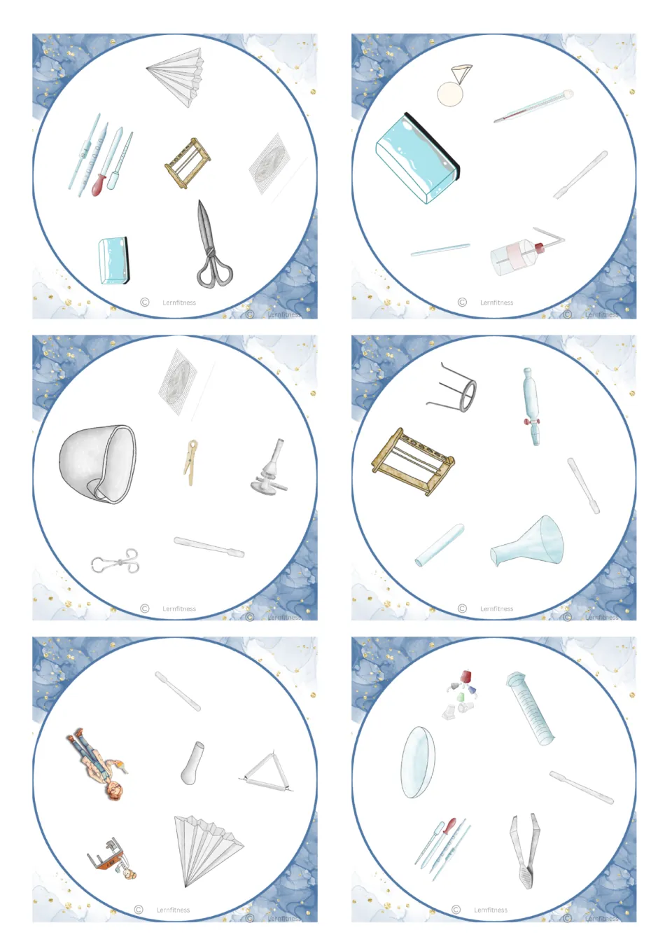 Second sheet of lab equipment cards: filter paper, pipettes, test tube rack, wash bottle, crucible and clay triangle
