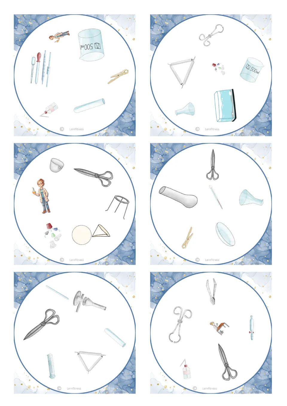 Third sheet of lab equipment cards: 500 ml beaker, scissors, tripod, crucible tongs, test tube holder and clay triangle