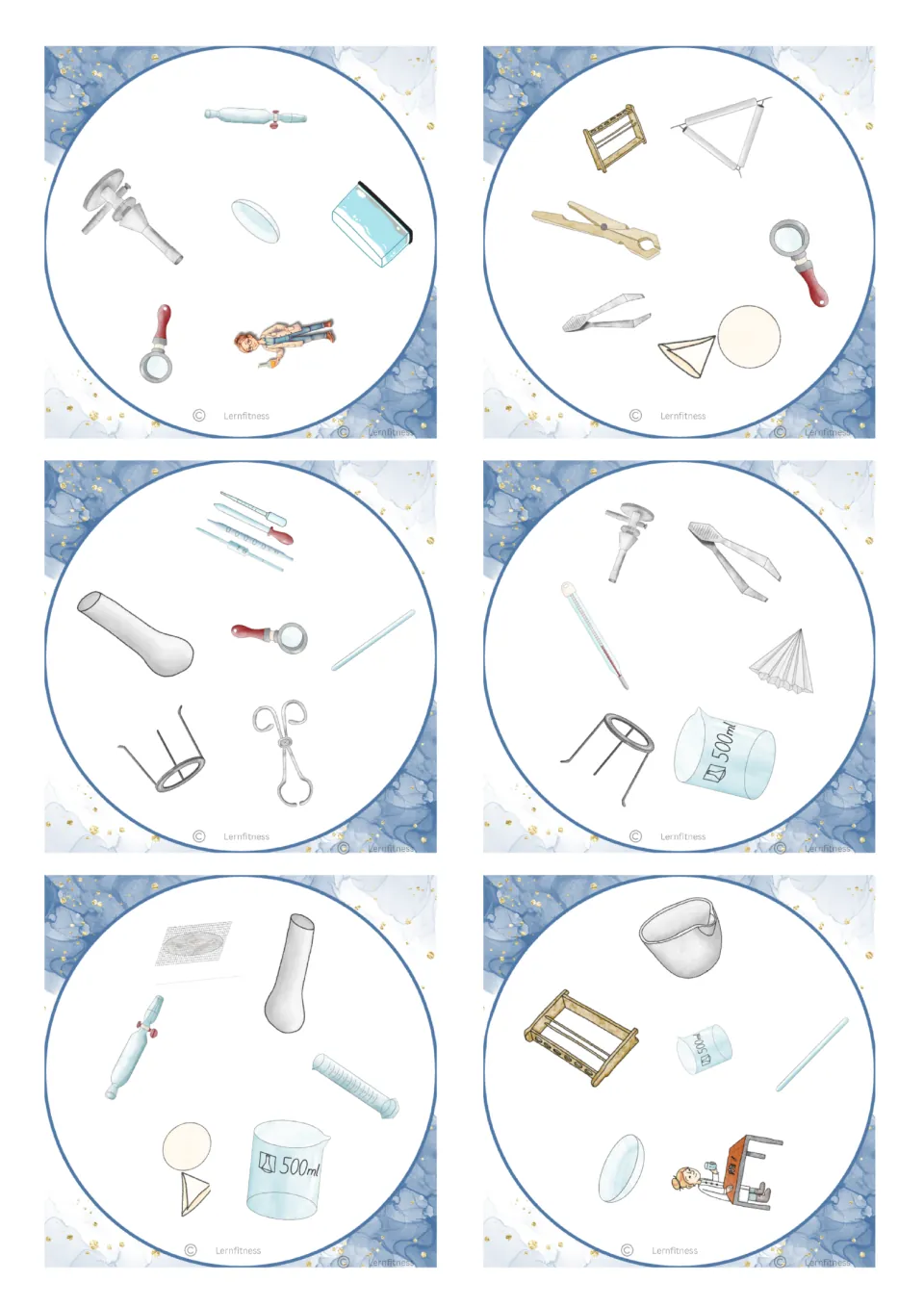Fourth sheet of lab equipment cards: magnifying glass, thermometer, mortar, test tube rack, Bunsen burner and beaker