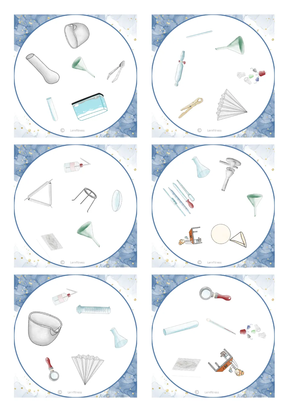 Fifth sheet of lab equipment cards: funnel, crucible, test tube, wire gauze, Bunsen burner, graduated cylinder and stoppers