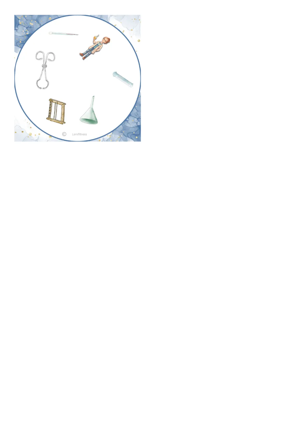 Final lab equipment card showing crucible tongs, thermometer, funnel, test tube rack, graduated cylinder and scientist