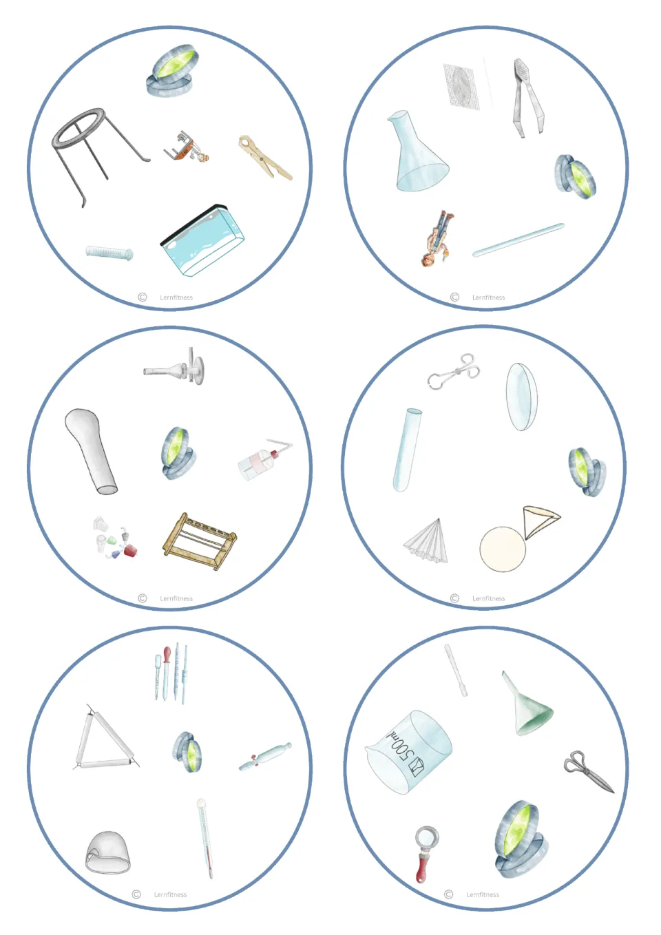 Round-cut version of lab equipment cards: six circles each sharing a green dish, with tripod, flask, pipettes and beaker