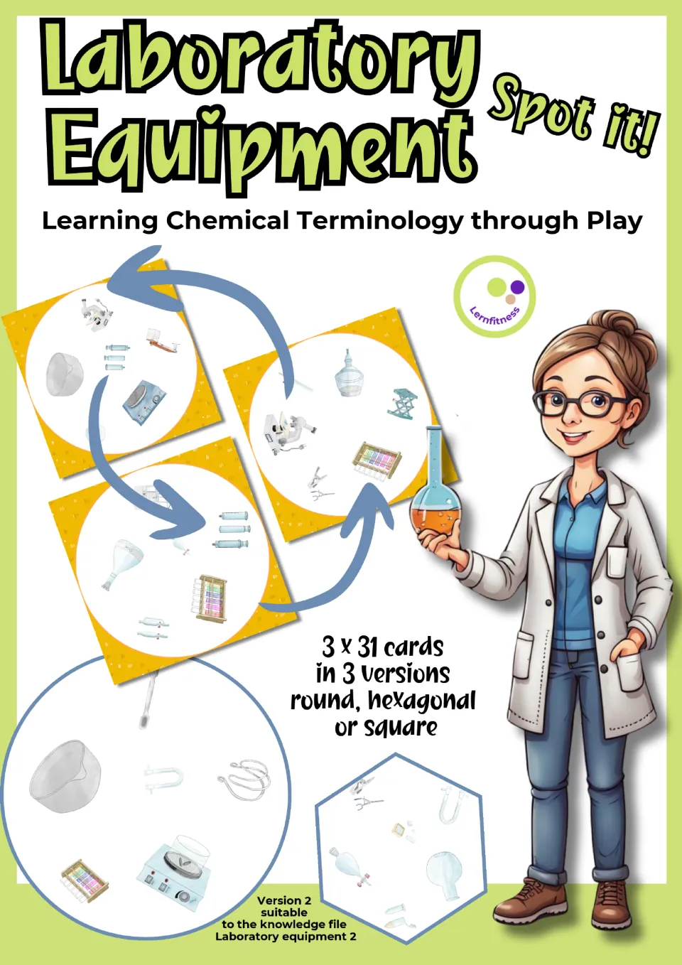 Laboratory Equipment Spot it! cover: 3 x 31 picture cards of lab tools in round, hexagonal or square versions