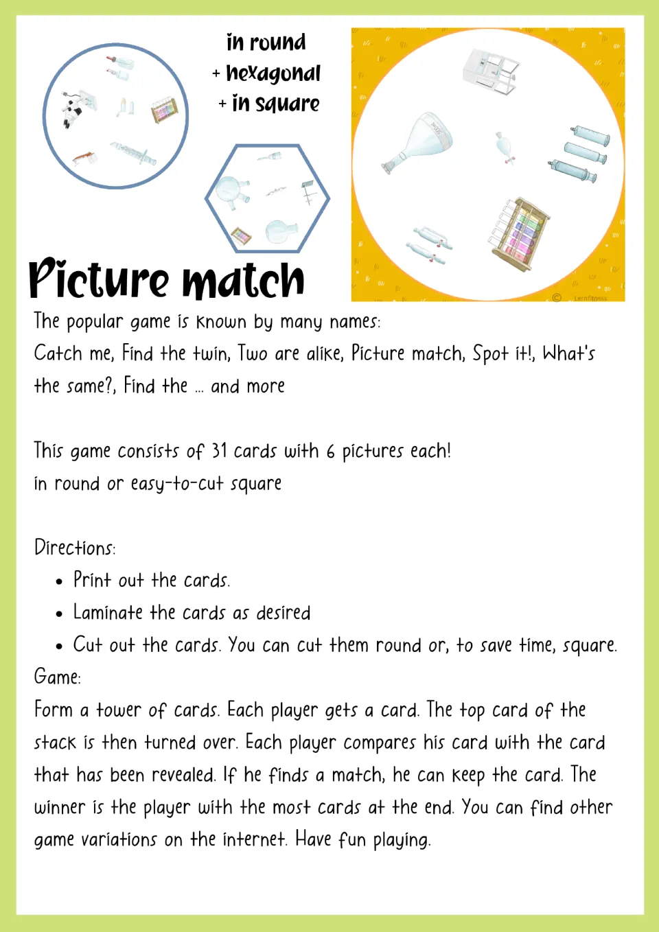 Picture match directions: print, laminate and cut out 31 cards with 6 pictures each, then match lab items to win cards