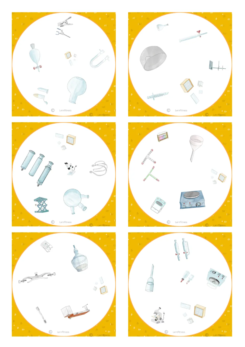 Six square game cards with lab equipment drawings such as a separatory funnel, syringes, a hot plate and a microscope