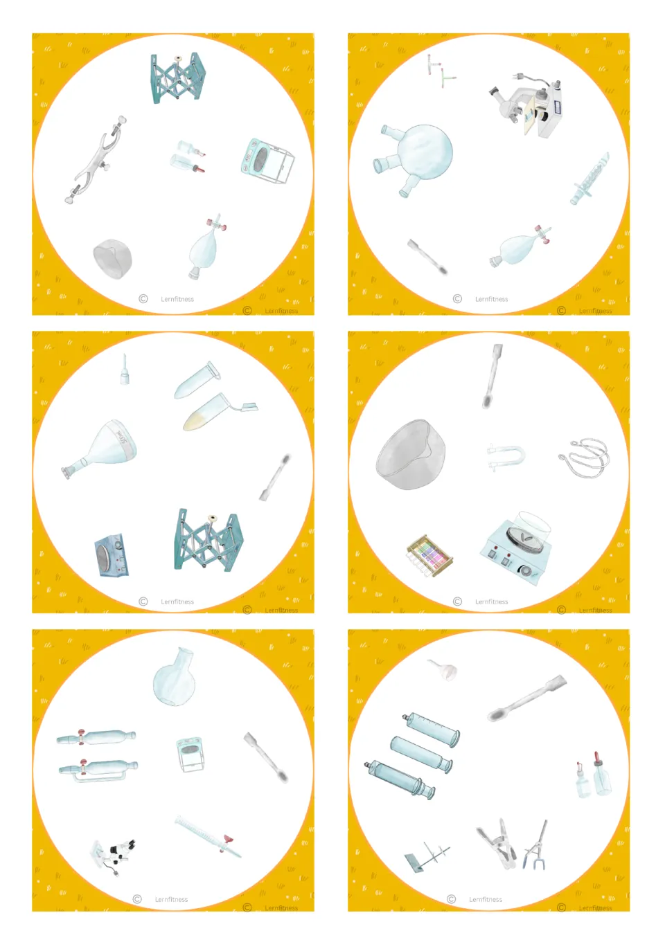 Six more square cards showing lab tools including a lab jack, a three-neck flask, test tube rack and an evaporating dish