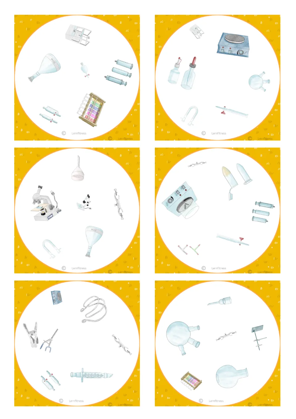 Square spot-the-match cards picturing items like a filter funnel, dropper bottles, a microscope and a U-tube