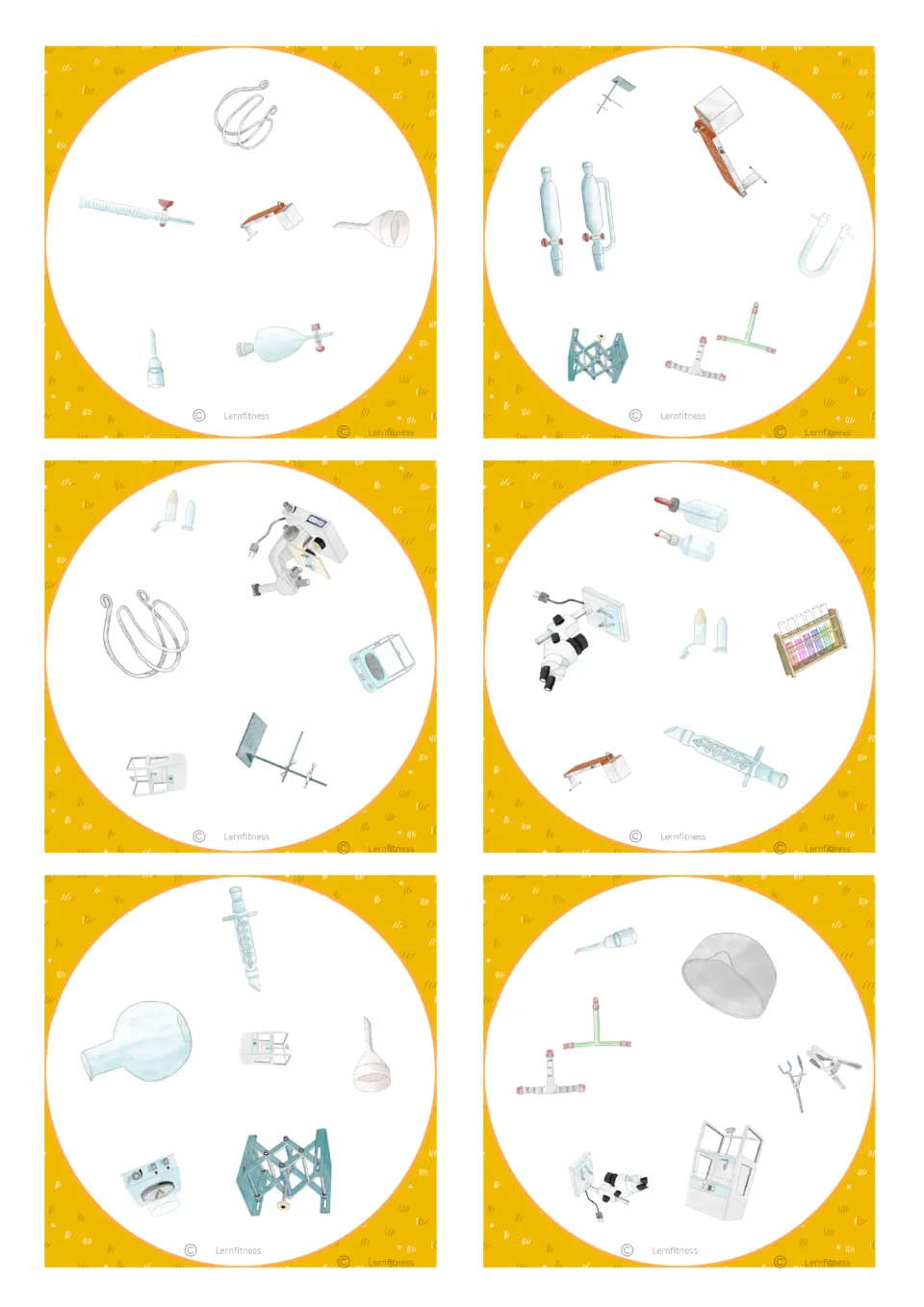 Square equipment cards featuring a burette, rubber tubing, a stereo microscope, a condenser and a test tube rack