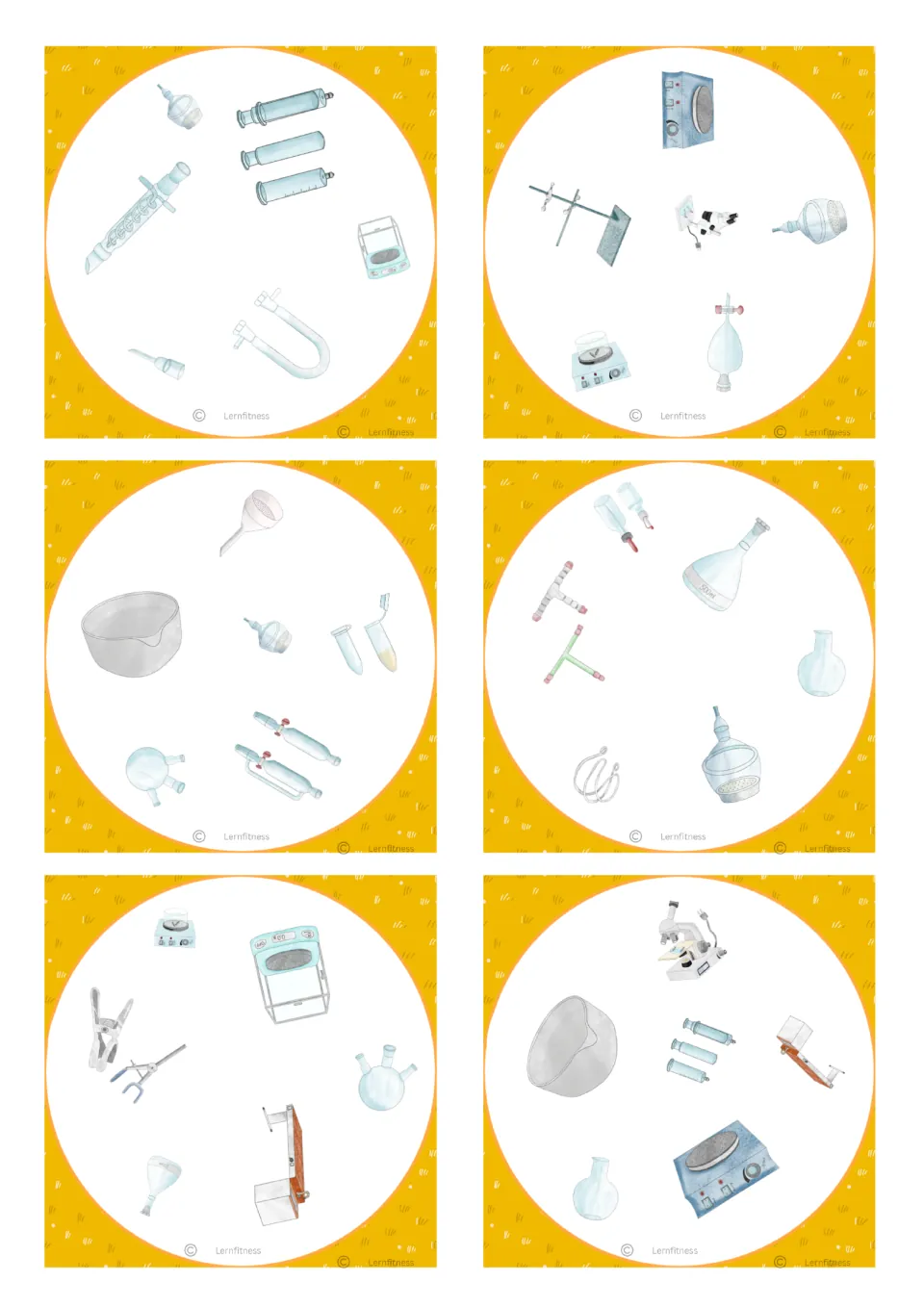 Square lab cards showing syringes, a condenser, an evaporating dish, flasks, clamps and a hot plate to match by name