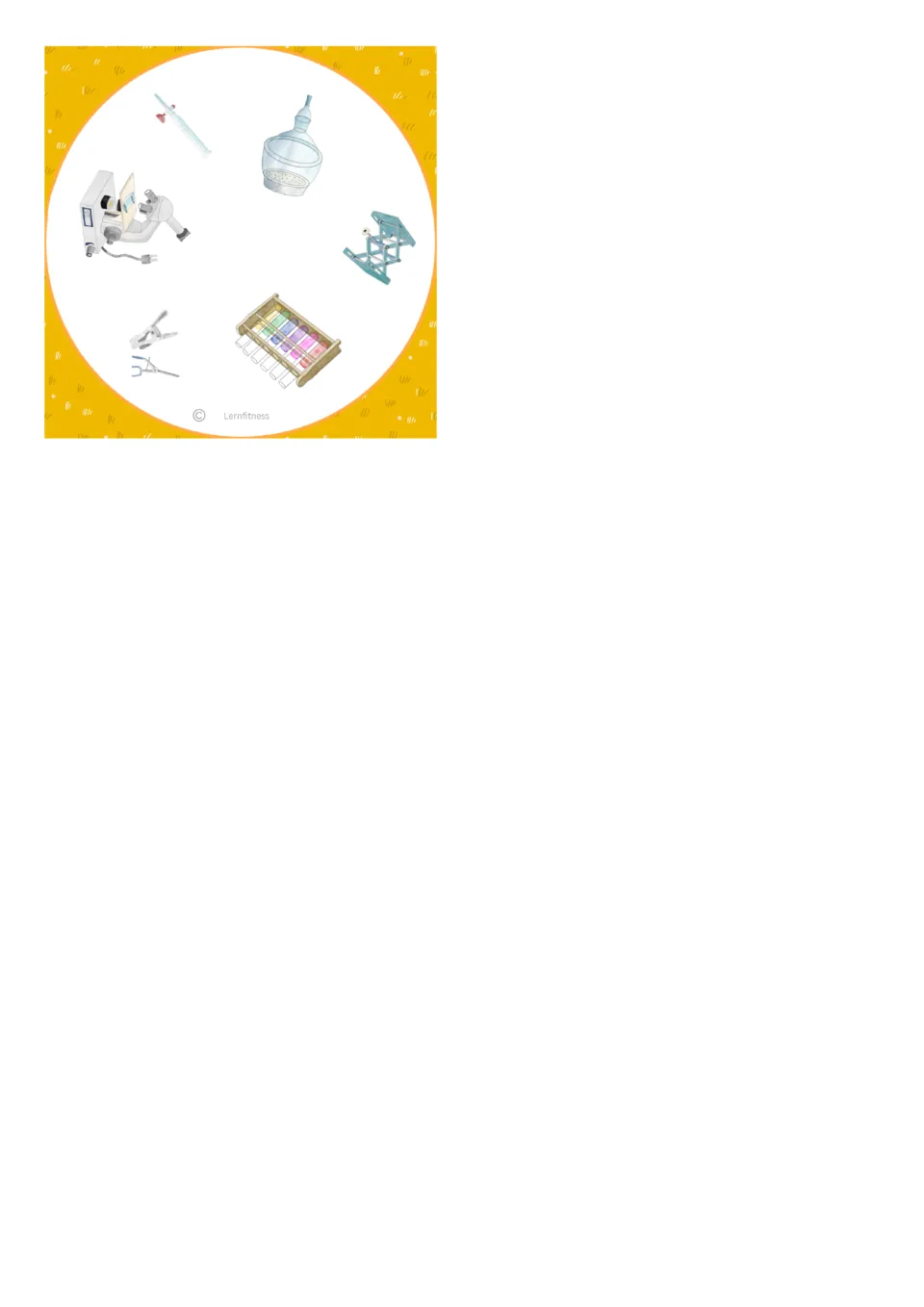 One final square card with a microscope, a burette, a lab jack, test tube rack, clamps and a round glass vessel to identify