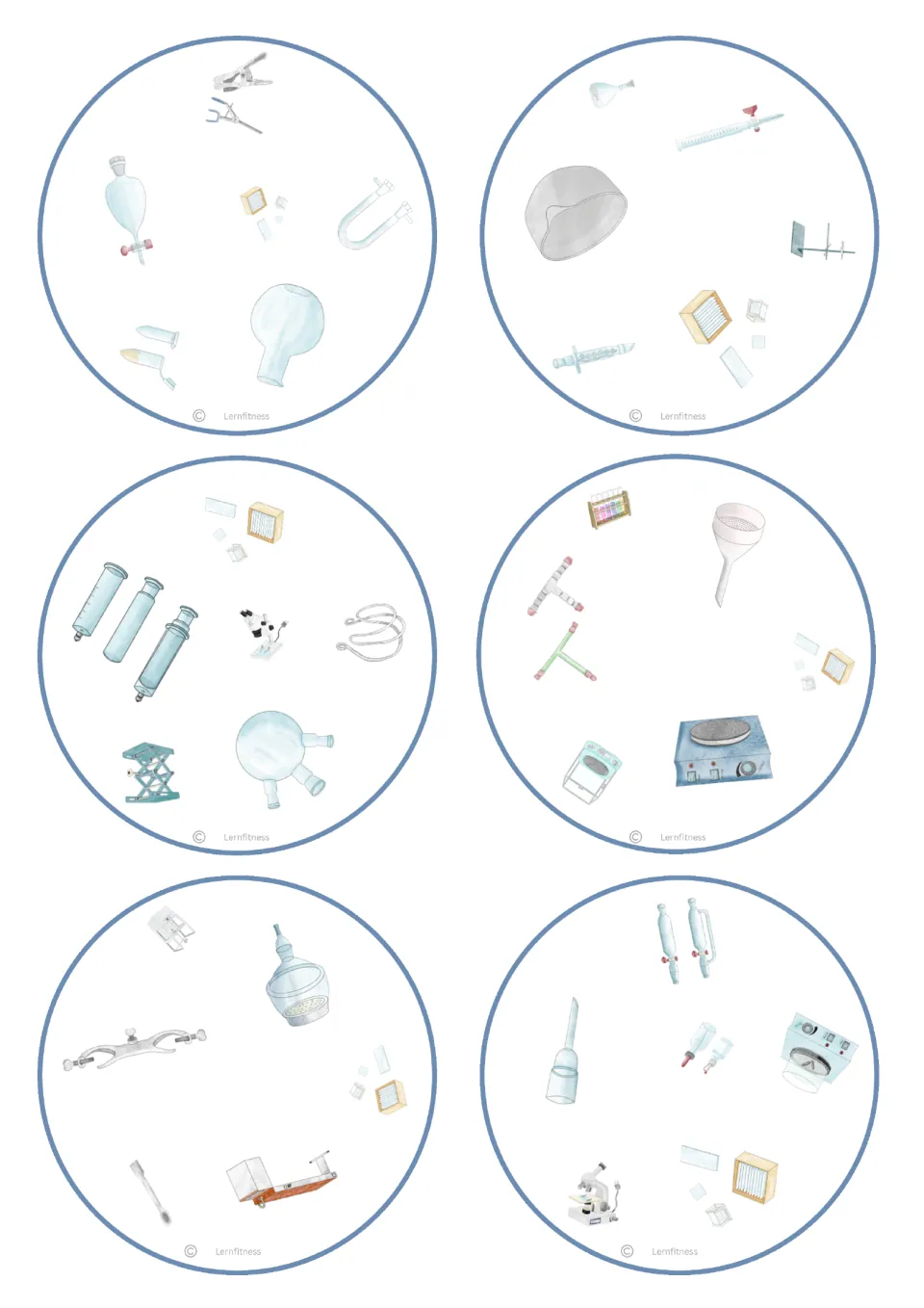 Round version of the matching cards: six circles with lab items such as syringes, a hot plate, a microscope and a funnel