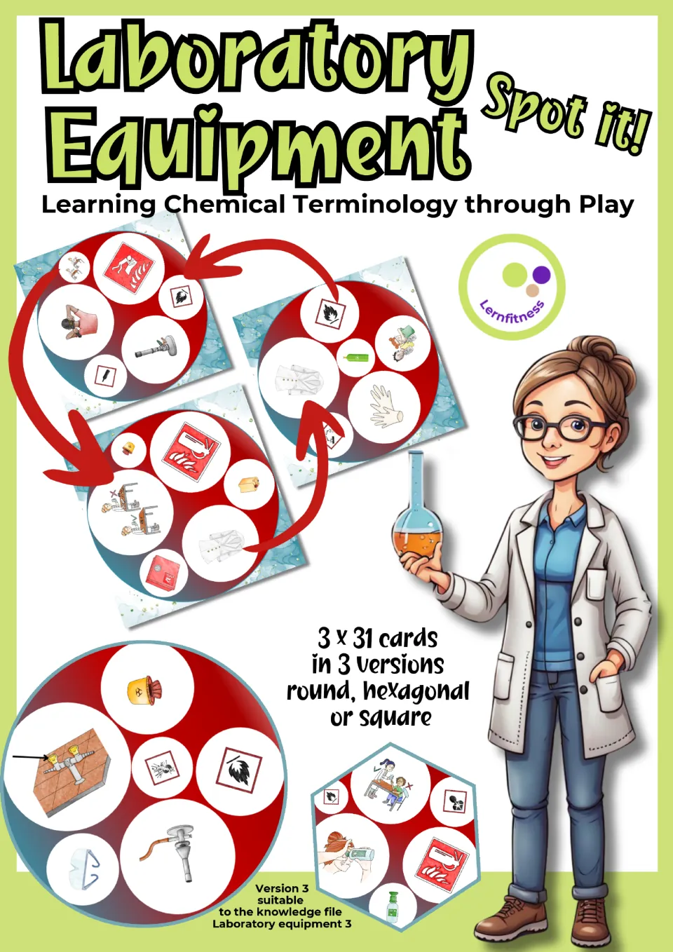 Laboratory Equipment Spot it! cover: 3 x 31 lab safety picture cards in round, hexagonal or square versions