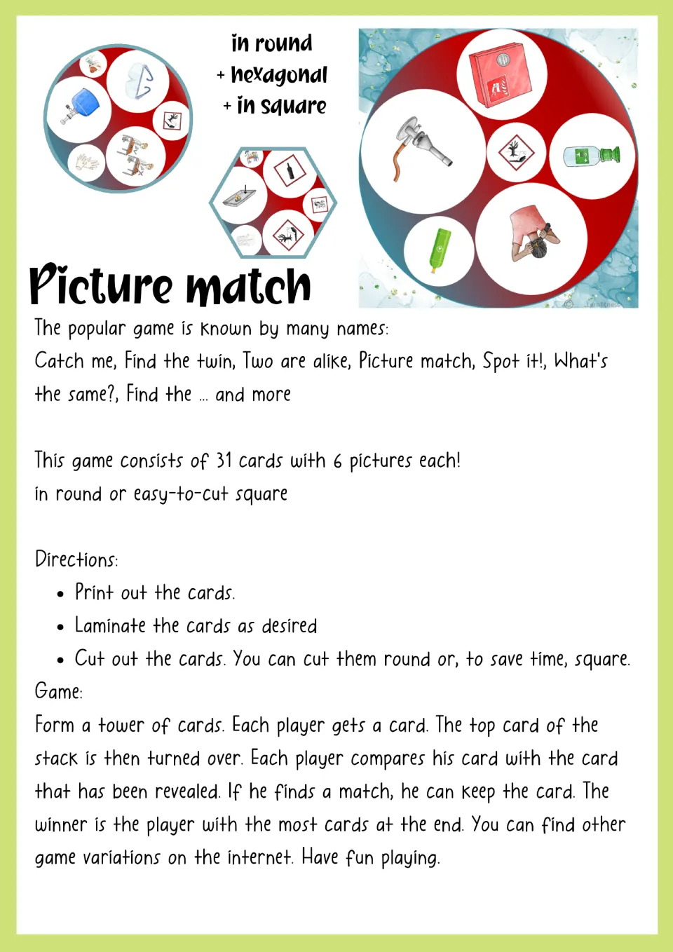 Picture match rules: 31 cards with 6 pictures each; print, laminate, cut, then match cards from a face-up stack
