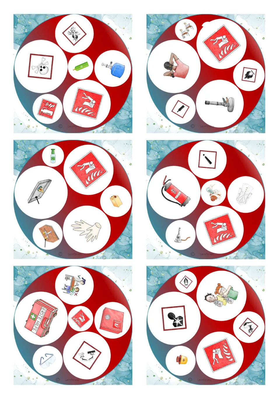 Square game cards: hazard pictograms, fire escape signs, gloves, gas canister and first aid kit for spotting matches