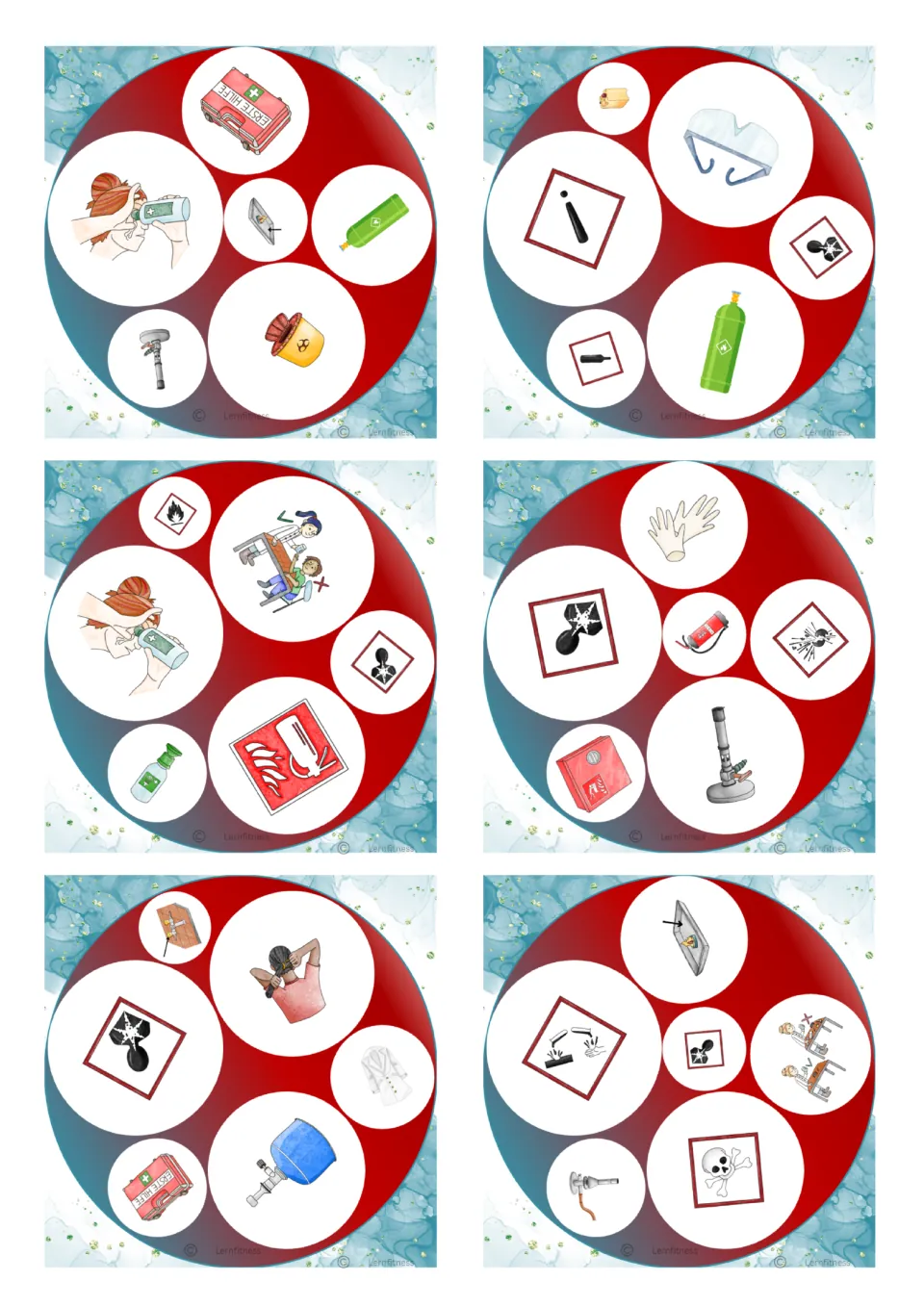 Square cards with eyewash bottles, safety goggles, green gas cylinders, Bunsen burners and first aid kits to match