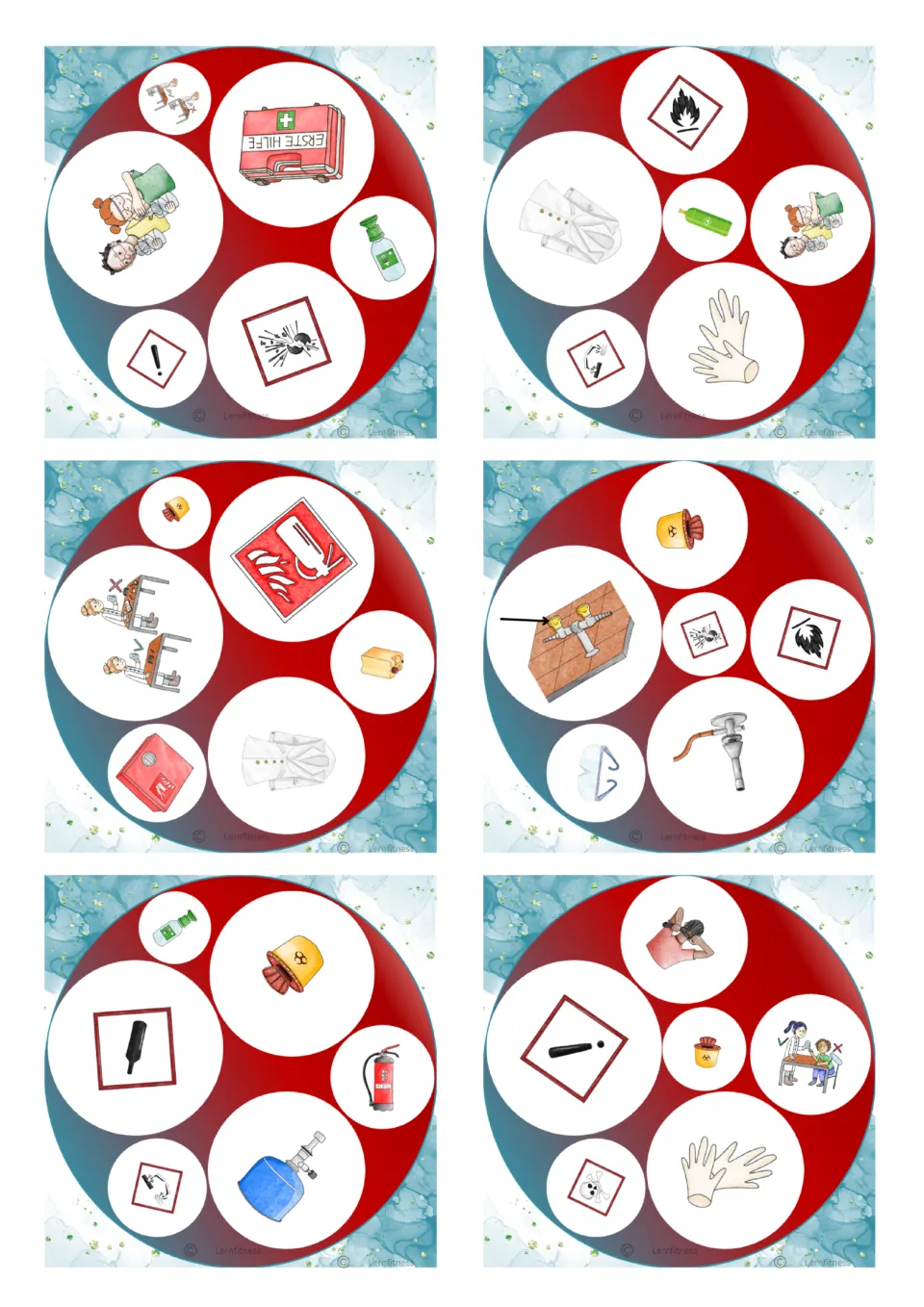 Square cards showing lab coats, gloves, gas taps, hazard bins, fire extinguishers and hazard symbols for matching