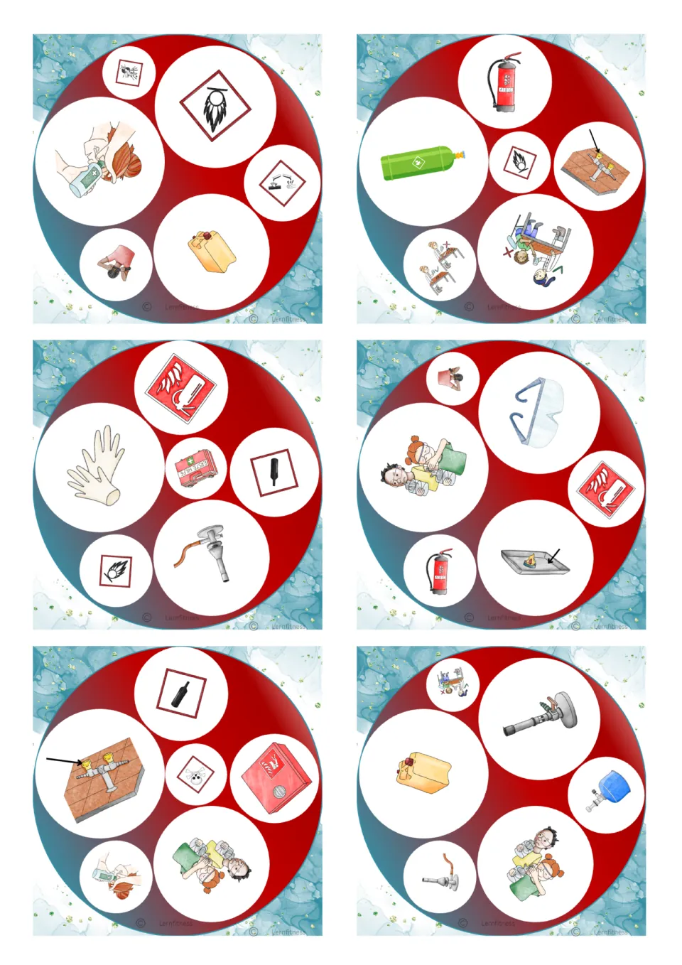 Square cards picturing fire extinguishers, a metal tray, goggles, fuel cans and correct-sitting pictures to spot pairs