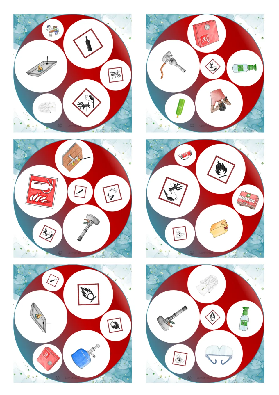 Square cards with flame, skull and gas bottle pictograms plus fire hose boxes and burners for finding each match