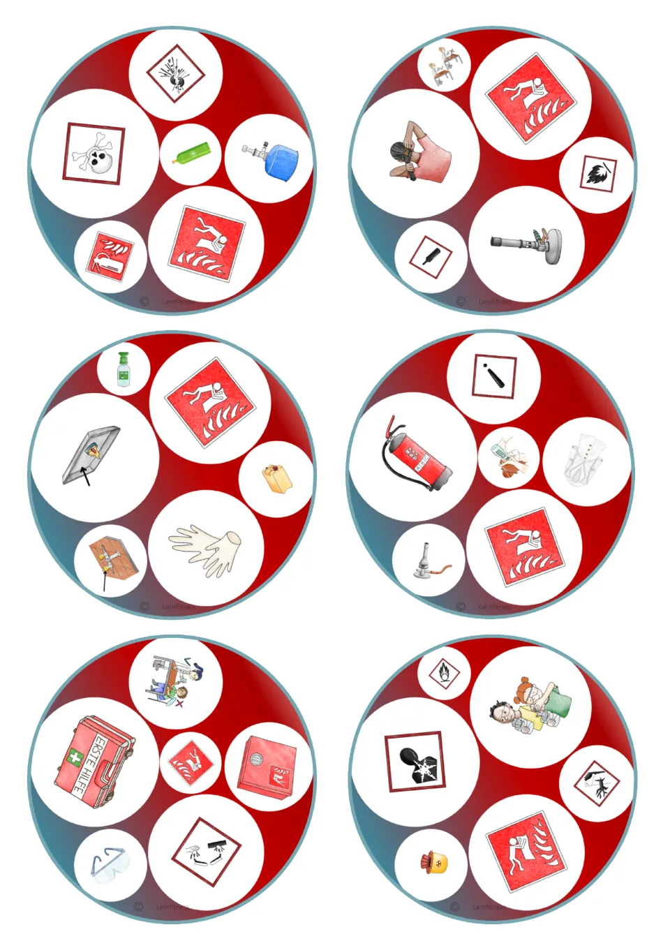 Round cut-out cards repeating the first six designs: skull, flame, fire exit and fire extinguisher signs with gear