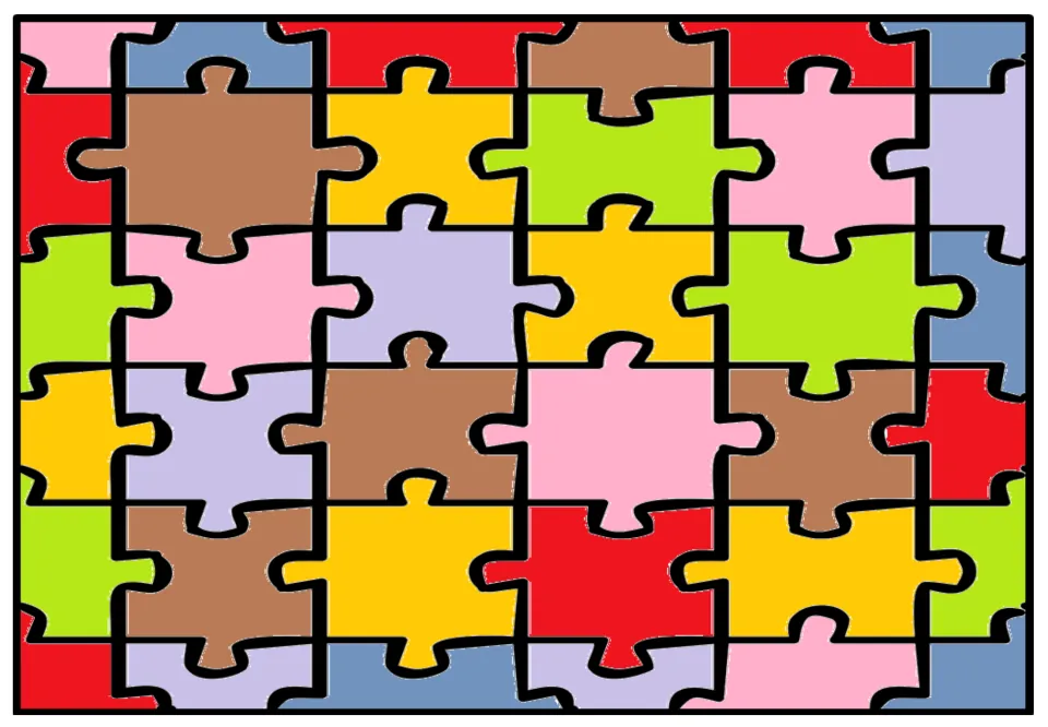 First colored large-piece jigsaw for comparison, using pink, blue, red, brown, yellow, green, and lavender