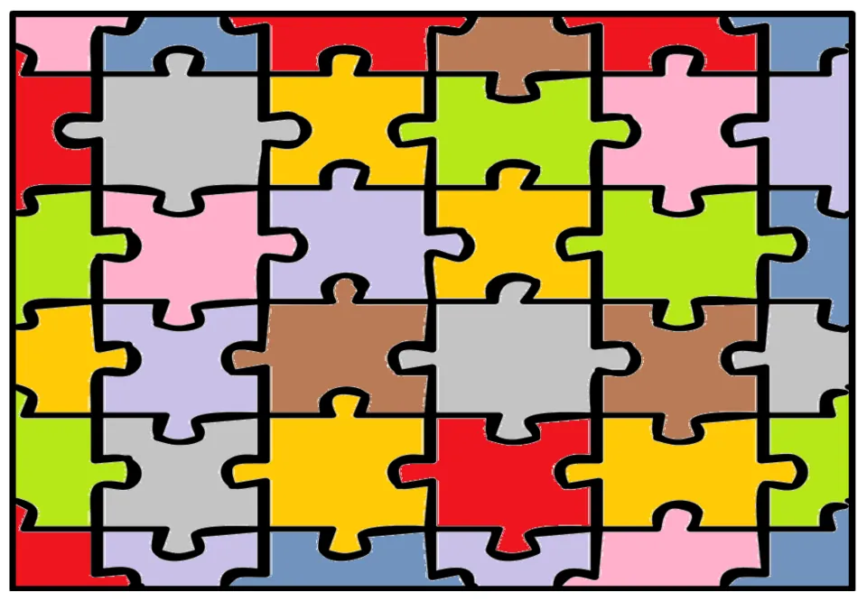 Large-piece jigsaw comparison variant with four gray pieces replacing colors in the first colored version
