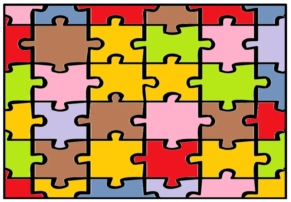 Large-piece jigsaw comparison variant with yellow replacing lavender near the upper center and bottom left