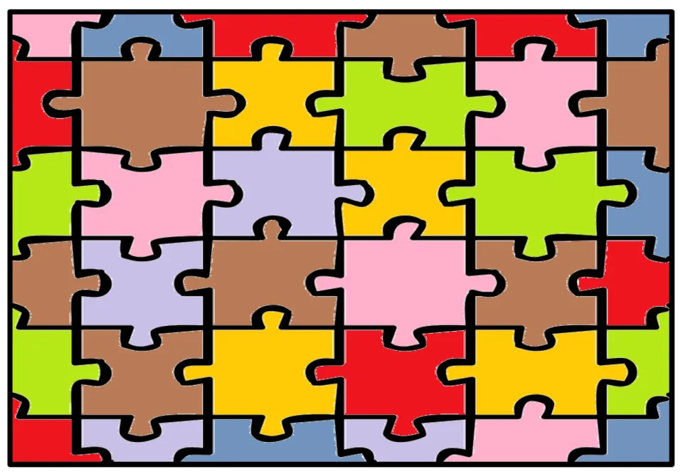 Large-piece jigsaw comparison variant with brown replacing lavender at the upper right and yellow at left
