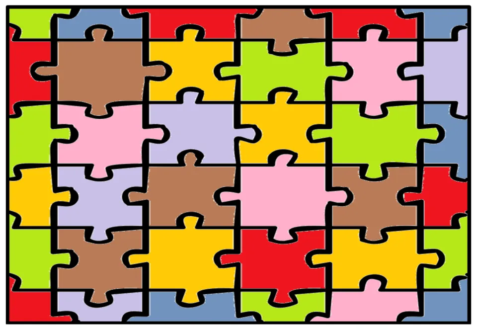 Large-piece jigsaw comparison variant with green replacing pink at top left and lavender at bottom center