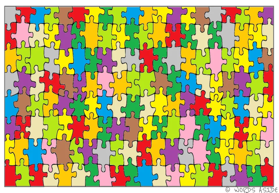 First colored small-piece jigsaw for comparison, including red, blue, green, pink, purple, and gray pieces