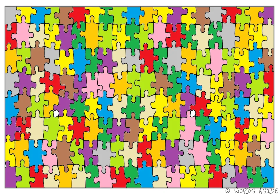 Small-piece jigsaw comparison variant with a yellow piece near the top left and blue at the bottom right