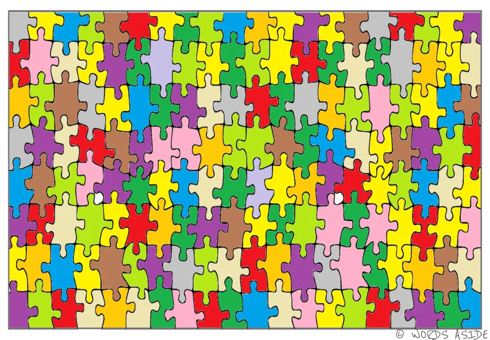 Small-piece jigsaw comparison variant with lavender near the upper left and pink below the central red