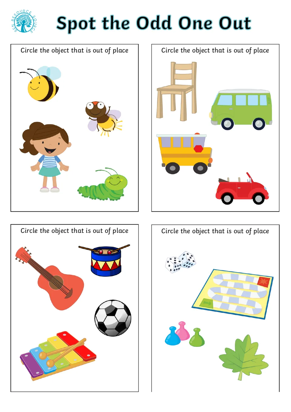 Out of place: circle the misfit among bugs with a girl, vehicles with a chair, instruments with a ball, game with a leaf