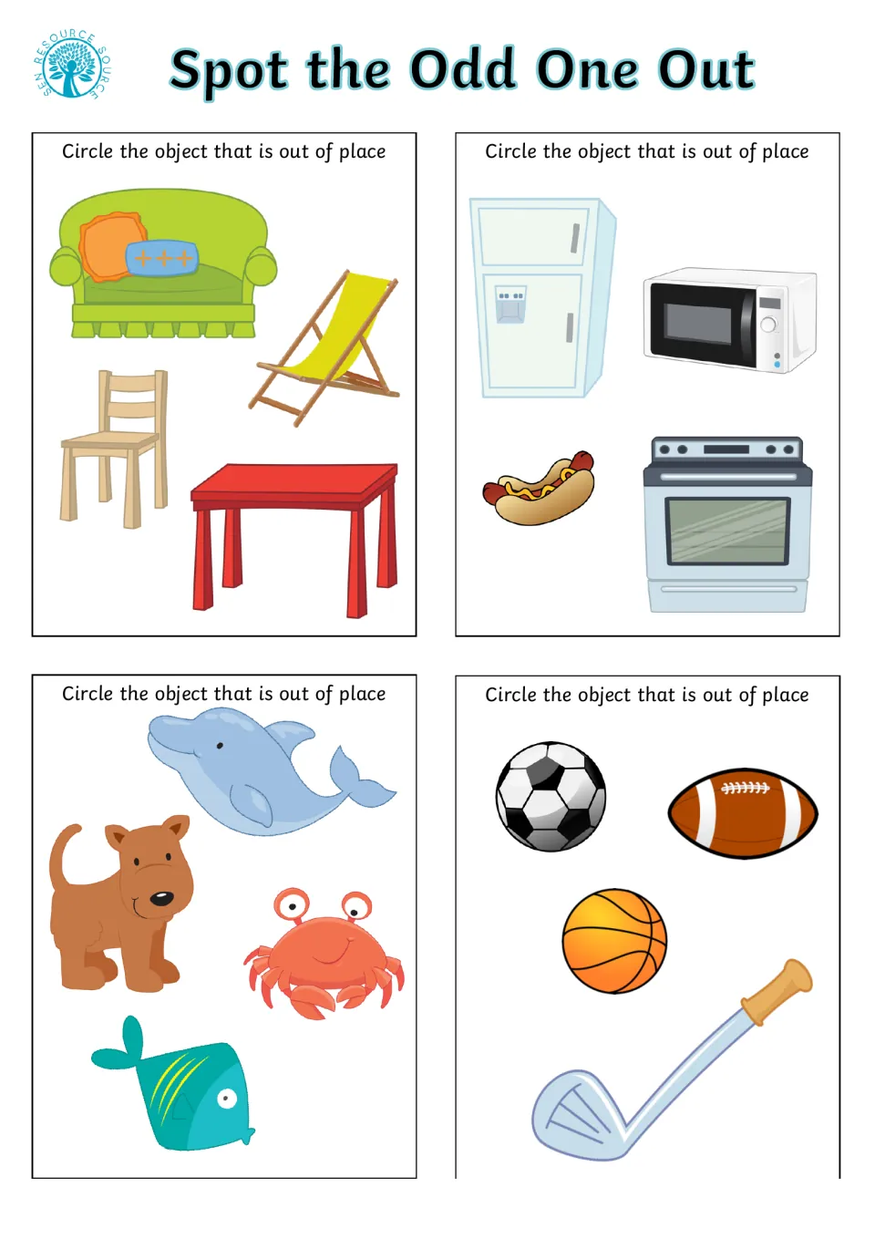 Category sorting: circle the misfit among furniture, appliances with a hot dog, sea animals with a dog, sports balls