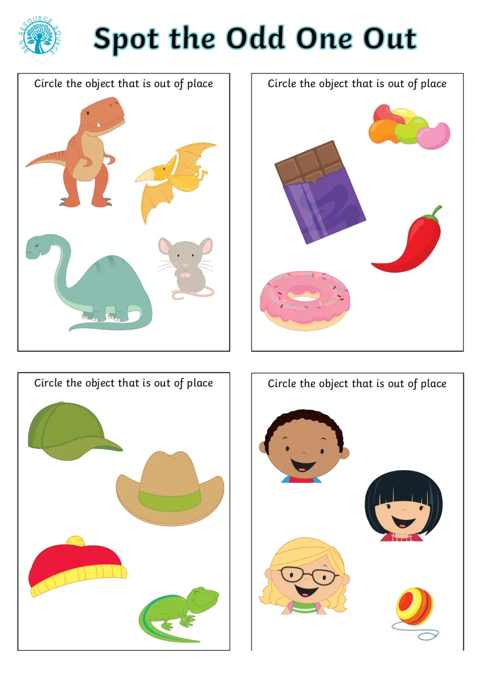 Reasoning: circle the misfit among dinosaurs with a mouse, sweets with a chili, hats with a lizard, kids with a yo-yo