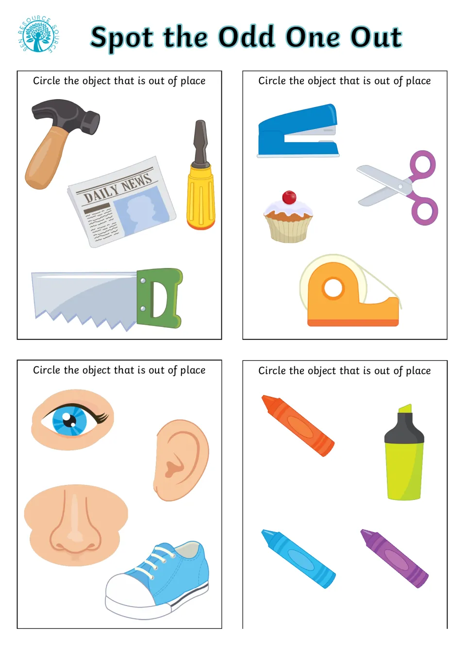 Sorting: circle the odd item among tools with a newspaper, stationery with a cupcake, face parts with a shoe, crayons