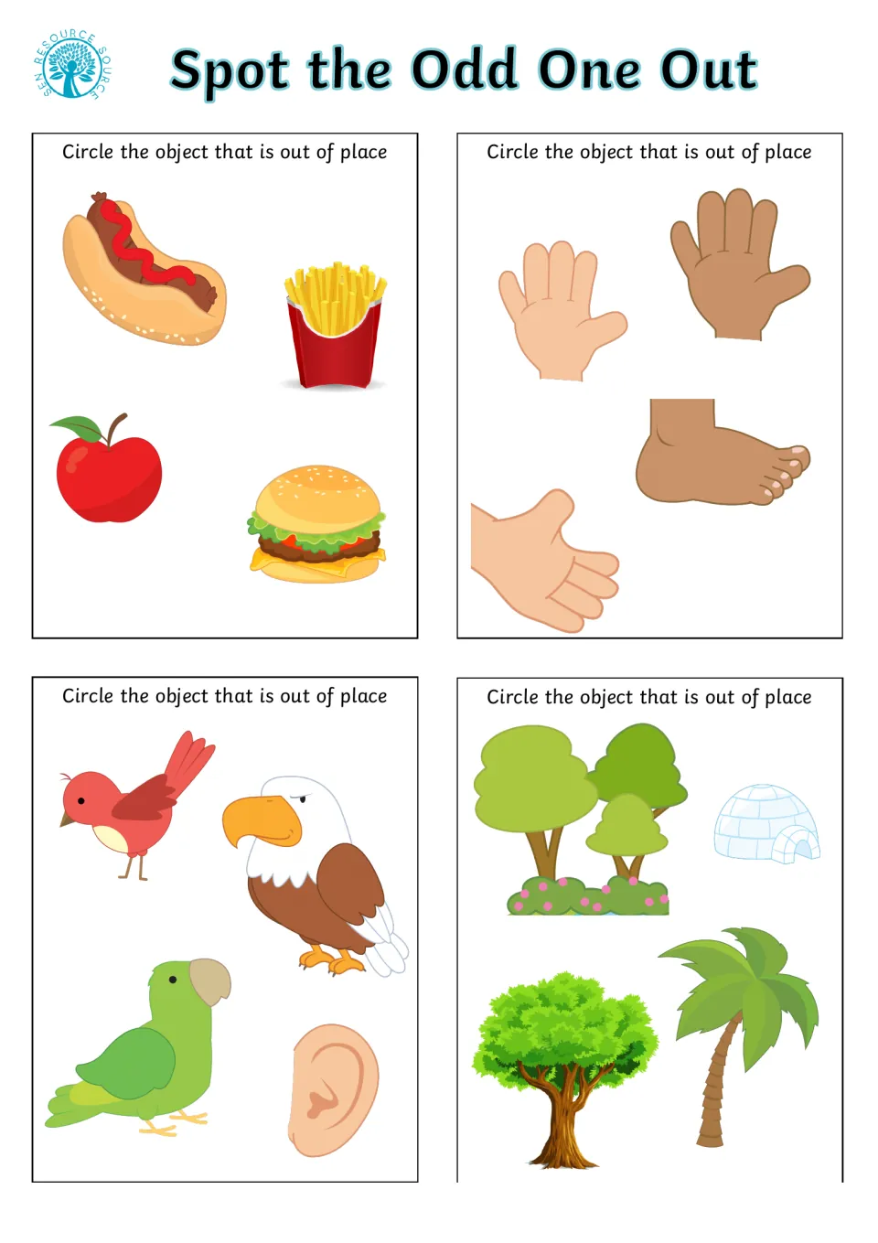 Grouping: circle the misfit among fast food with an apple, hands with a foot, birds with an ear, trees with an igloo