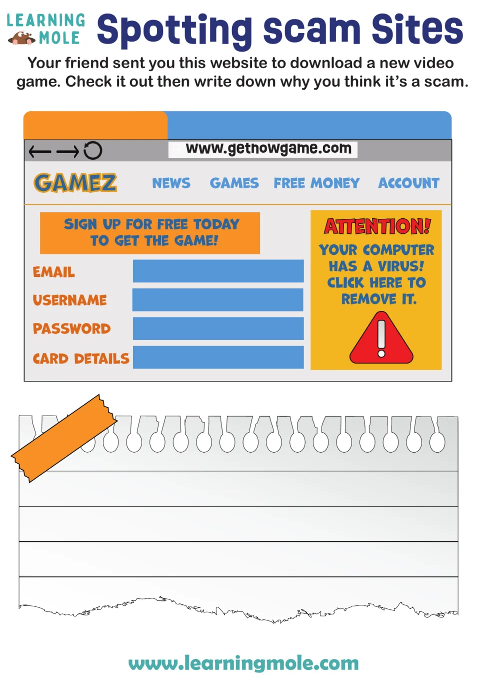 Online safety: students study a fake game site asking for card details and a virus pop-up, then write why it is a scam