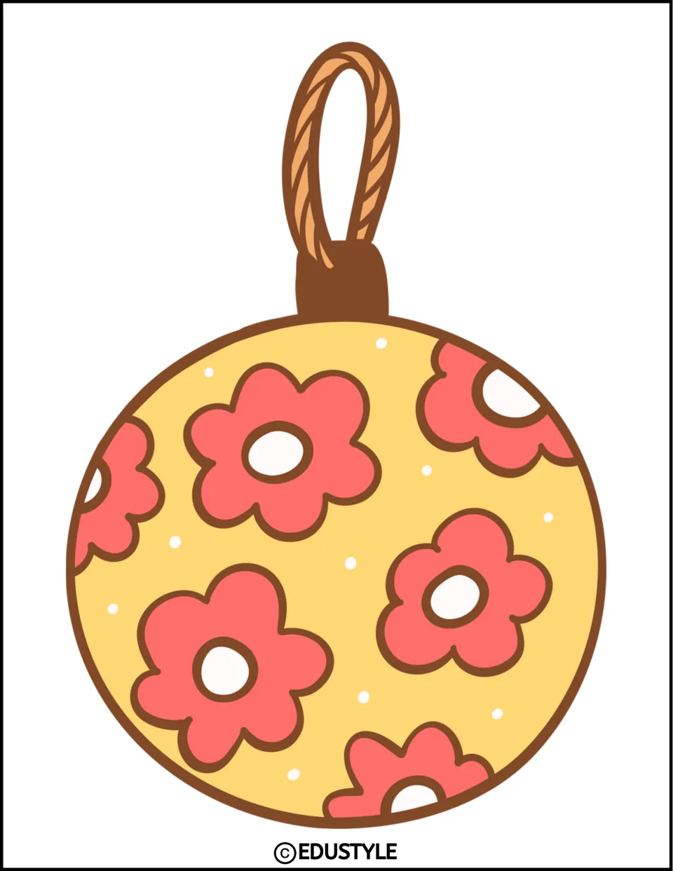 Larger yellow ornament with coral flowers and a rope loop, a decoration for the Cowboy Christmas display