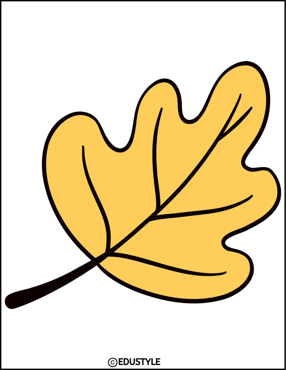 Fall leaf cut-out: one large yellow oak leaf with dark veins and stem, stem pointing to the lower left, for the display